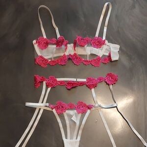 White and Pink Lace Bra Set